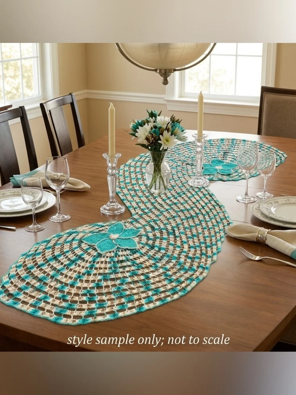 Vintage Hand Crochet S-Shape Serpentine Table Runner Boho Teal Cream 56x30